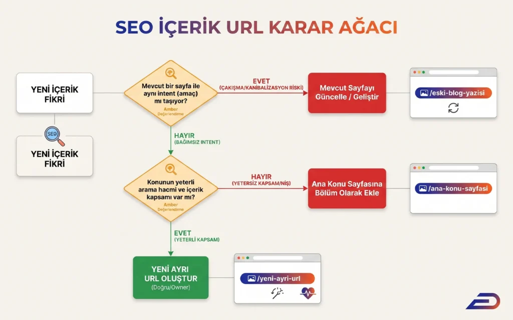 Digitalplus dental SEO içerik URL karar ağacı: Yeni içerik fikirleri için arama niyeti (intent) ve aranma hacmine göre çakışmayı önlemek adına mevcut sayfayı güncelleme, ana konuya bölüm ekleme veya yeni ayrı URL oluşturma adımlarını gösteren algoritma.