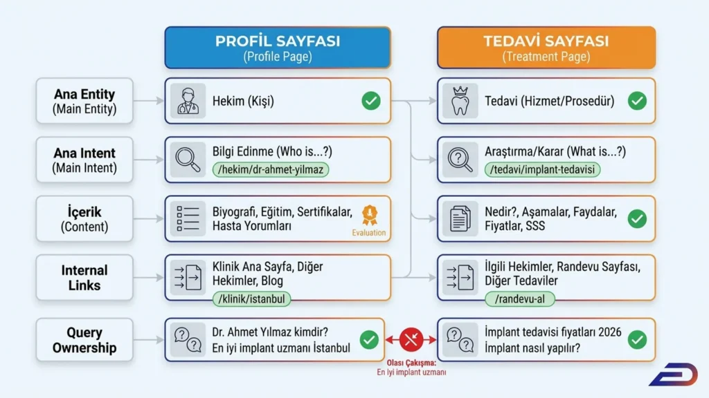 Digitalplus diş hekimi profil sayfası ve tedavi sayfası SEO karşılaştırması: Ana varlık (hekim vs. tedavi), arama niyeti (bilgi edinme vs. araştırma/karar), içerik yapıları, internal link stratejileri ve sorgu sahipliği (query ownership) arasındaki farklar ile olası SEO çakışma noktaları.
