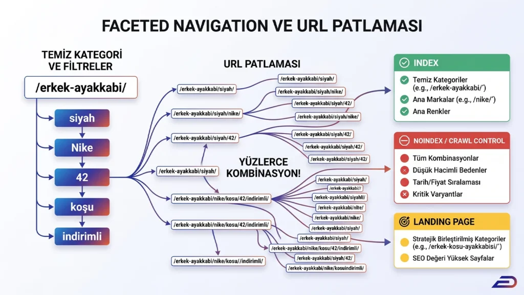 Digitalplus e-ticaret SEO rehberi: Faceted navigation kullanımında erkek ayakkabı kategorisi filtre kombinasyonlarının yarattığı URL patlaması şeması ile index, noindex ve landing page (açılış sayfası) optimizasyon stratejileri.