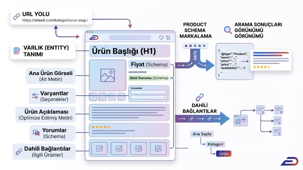  SEO uyumlu e-ticaret ürün sayfasının başlık, varyant, ürün verisi ve yapılandırılmış veri bileşenleri 