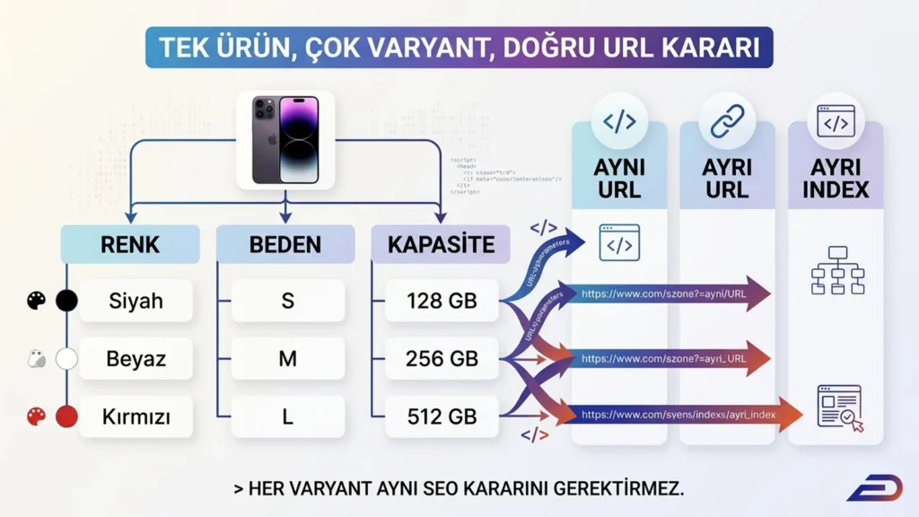 Önerilen Alt Text: Digitalplus e-ticaret SEO rehberi: Tek ürün ve çoklu varyant (renk, beden, kapasite) durumlarında aynı URL, ayrı URL parametreleri ve ayrı index kullanım kararlarını gösteren şema.