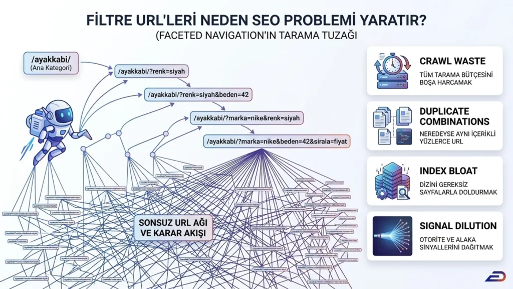 Digitalplus teknik SEO eğitimi: E-ticaret sitelerinde filtre URL'lerinin neden olduğu tarama tuzağı (crawl trap) sorunları. Sonsuz URL ağı üzerinden crawl waste (tarama israfı), duplicate combinations (kopya içerik), index bloat (dizin şişkinliği) ve signal dilution (sinyal zayıflaması) kavramlarını açıklayan diyagram.