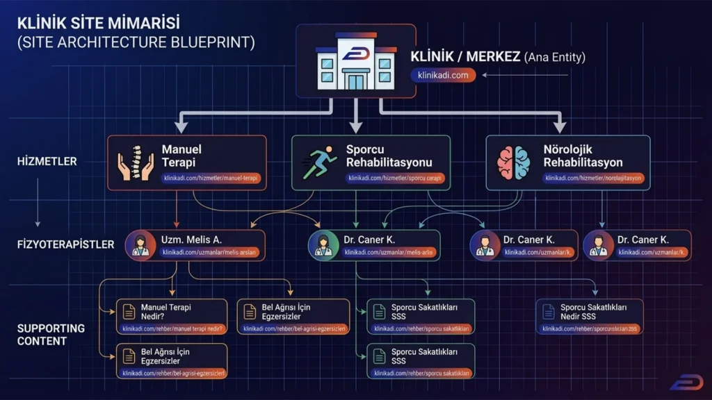 Digitalplus klinik site mimarisi blueprint'i: Ana klinik varlığından (entity) manuel terapi ve nörolojik rehabilitasyon gibi hizmetlere, ardından uzman doktorlara ve en alt katmanda bu yapıyı besleyen destekleyici içeriklere (nedir yazıları, SSS, egzersizler) inen kapsamlı SEO hiyerarşi haritası.