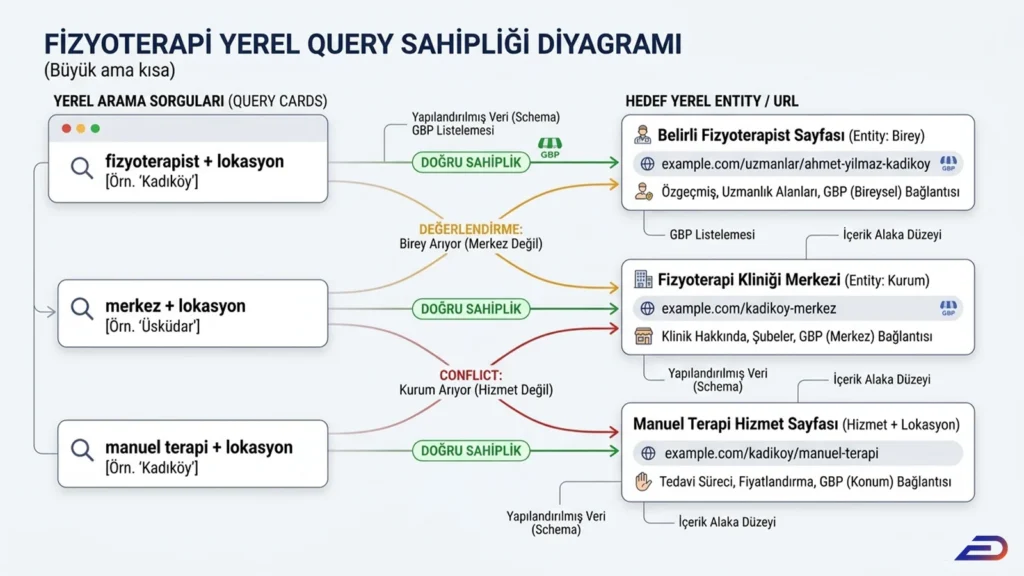 Digitalplus fizyoterapi yerel arama sorgusu (query) sahipliği diyagramı: 'Fizyoterapist', 'merkez' ve 'manuel terapi' gibi yerel lokasyon sorgularının doğru GBP listelemesi ve yapılandırılmış veri (schema) ile birey, kurum veya hizmet odaklı hedef URL'lere (entity) nasıl yönlendirildiğini gösteren şema.