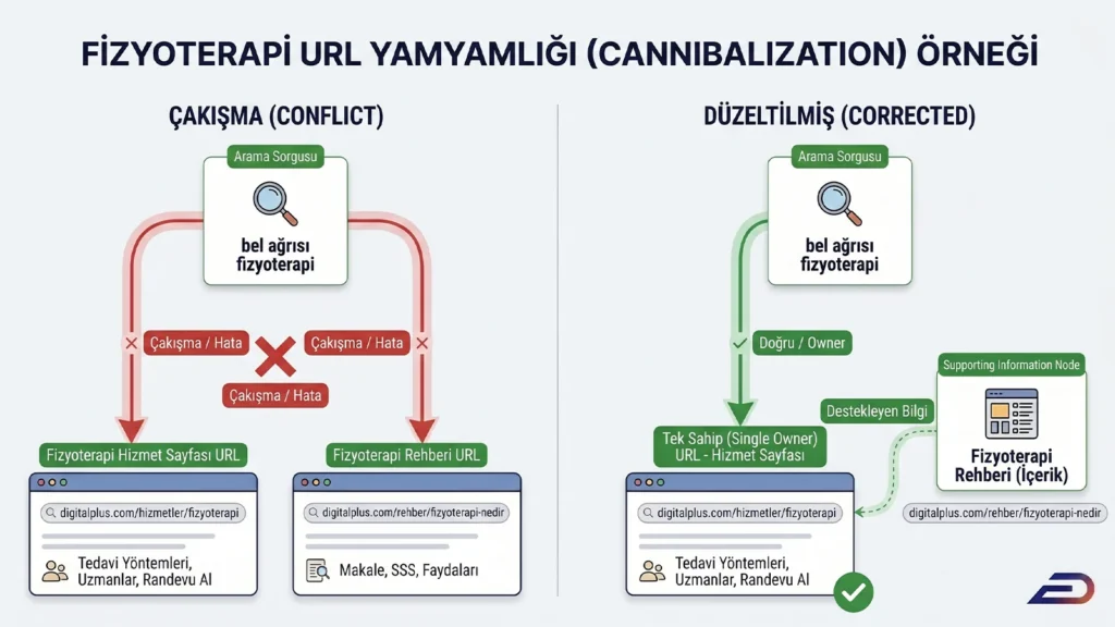 Digitalplus fizyoterapi URL yamyamlığı (cannibalization) örneği: Arama sorgusunun hizmet ve rehber sayfaları arasında yarattığı çakışma hatası ve arama niyetinin tek bir ana hizmet sayfasında toplanıp rehber sayfasıyla desteklendiği düzeltilmiş yapı.