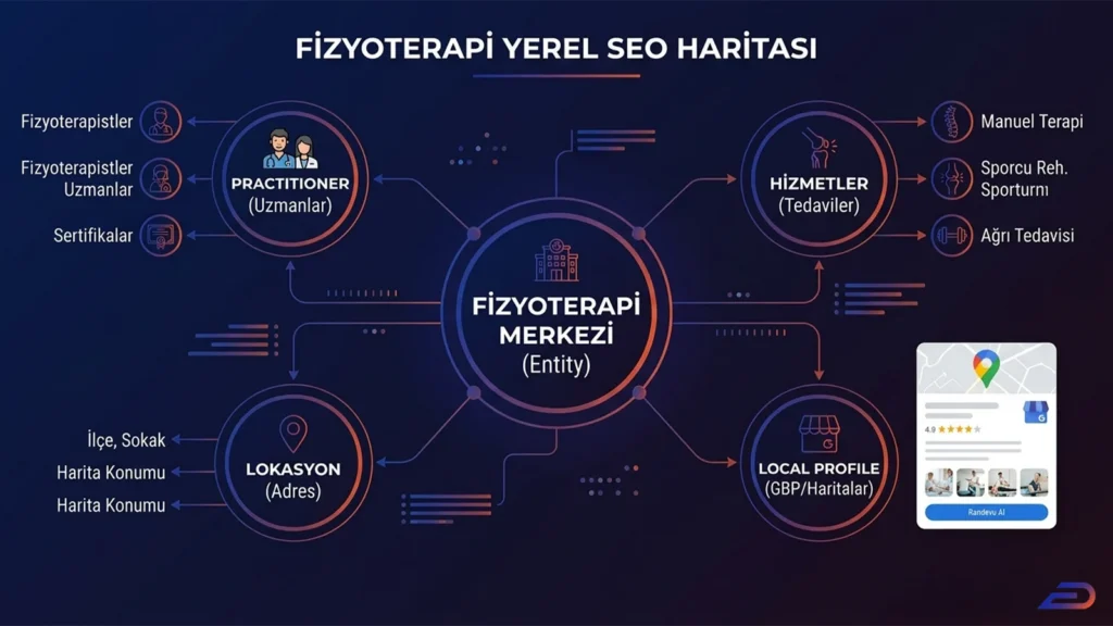 Digitalplus fizyoterapi yerel SEO haritası: Ana fizyoterapi merkezi varlığının (entity); uzmanlar (practitioner), hizmetler (manuel terapi, sporcu rehabilitasyonu, ağrı tedavisi), fiziksel lokasyon (adres) ve yerel profil (Google İşletme Profili/Haritalar) bağlantılarıyla nasıl bütünleşik bir yapı kurduğunu anlatan diyagram.