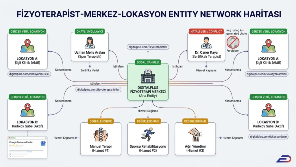 Digitalplus fizyoterapist, merkez ve lokasyon entity (varlık) ağ haritası: Ana fizyoterapi merkezi etrafında şekillenen Şişli ve Kadıköy şubeleri, uzman terapist istihdamı, manuel terapi gibi sunulan hizmetler ve yapay zeka ile üretilmiş görsel kullanımı gibi hatalı veri (conflict) durumlarını gösteren kapsamlı yerel SEO mimarisi.