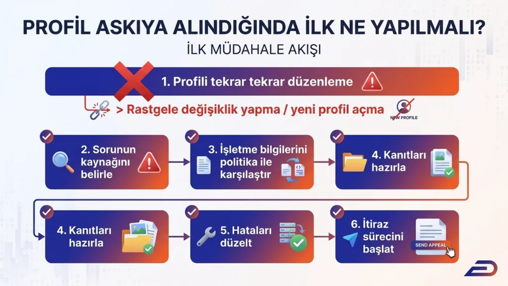 Google İşletme Profili askıya alındığında sorunu belirleme, politika kontrolü, kanıt hazırlama, hataları düzeltme ve itiraz sürecini gösteren DigitalPlus infografiği