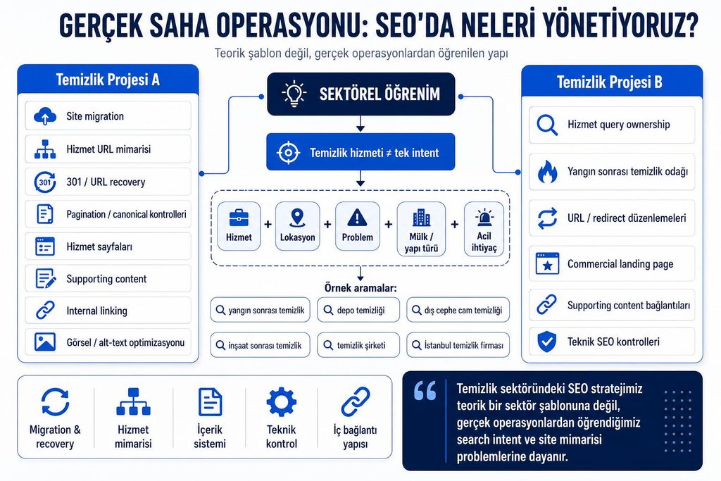 DigitalPlus temizlik şirketleri SEO operasyonlarında migration, hizmet mimarisi, local SEO, içerik ve internal linking çalışmalar