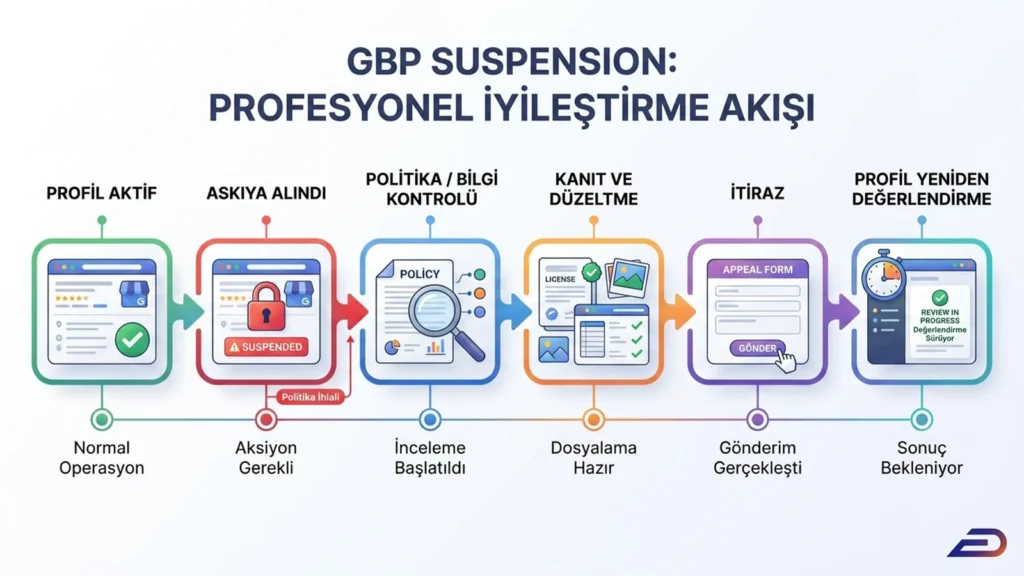 Google İşletme Profili askıya alma sonrası politika kontrolü, kanıt ve düzeltme, itiraz ve yeniden değerlendirme sürecini gösteren DigitalPlus infografiği