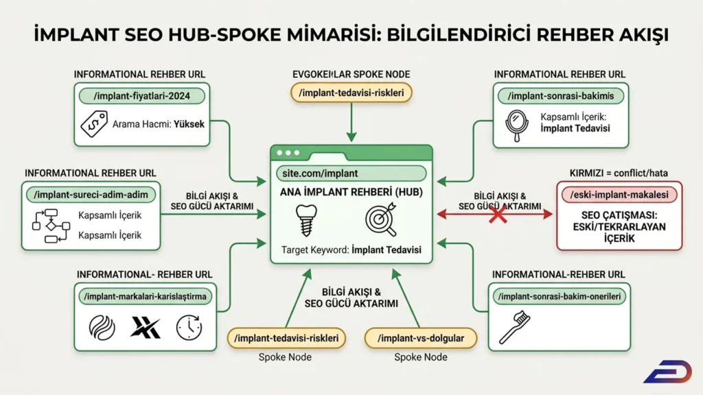 Digitalplus implant SEO hub-spoke mimarisi: Ana implant rehberi URL'sine SEO gücü aktaran fiyatlar, tedavi süreci, markalar ve riskler gibi bilgilendirici alt sayfalar (spoke) ile SEO çakışması yaratan hatalı eski içeriklerin yönetim haritası.