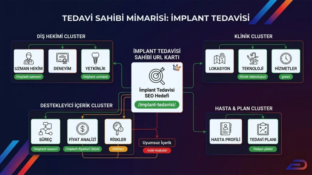 Digitalplus implant tedavisi SEO mimarisi: Merkezdeki implant tedavisi sahip URL kartının; uzman diş hekimi, klinik lokasyonu ve teknolojisi, hasta tedavi planı ve destekleyici içerik (süreç, fiyat, riskler) kümeleri (cluster) ile olan bağlantı şeması.