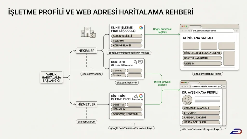 Digitalplus klinik ve diş hekimi GBP işletme profili web adresi haritalama rehberi: Varlık (entity) ağında klinik Google İşletme Profilinin doğru kurumsal bağlantı ile klinik ana sayfasına; diş hekimi işletme profilinin ise direkt bireysel bağlantı ile doktor uzmanlık profil sayfasına (Örn: Dr. Ayşen Kaya) yönlendirilmesini gösteren SEO mimarisi.