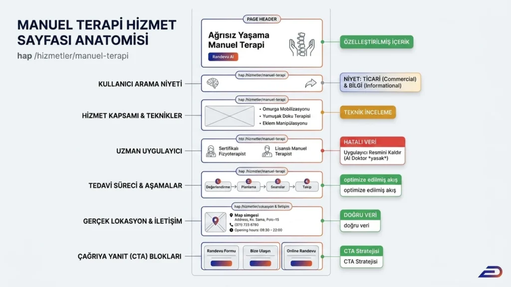 Digitalplus manuel terapi hizmet sayfası anatomisi: Kullanıcı arama niyeti, hizmet kapsamı, uzman uygulayıcı bilgileri, tedavi süreci adımları, gerçek lokasyon ve çağrıya yanıt (CTA) bloklarını içeren SEO uyumlu dikey sayfa wireframe kurgusu.
