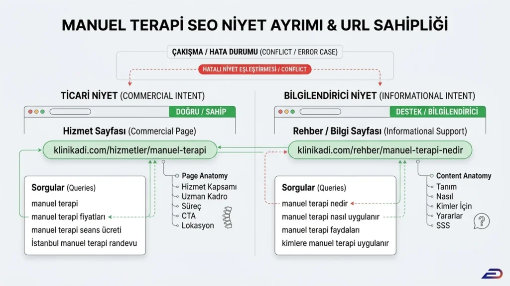 Digitalplus manuel terapi SEO niyet ayrımı ve URL sahipliği: Çakışmayı (conflict) önlemek için fiyat ve randevu gibi ticari sorguların hizmet sayfasına; 'nedir' ve 'nasıl uygulanır' gibi bilgilendirici sorguların ise rehber sayfalarına dağıtılmasını gösteren mimari şema.