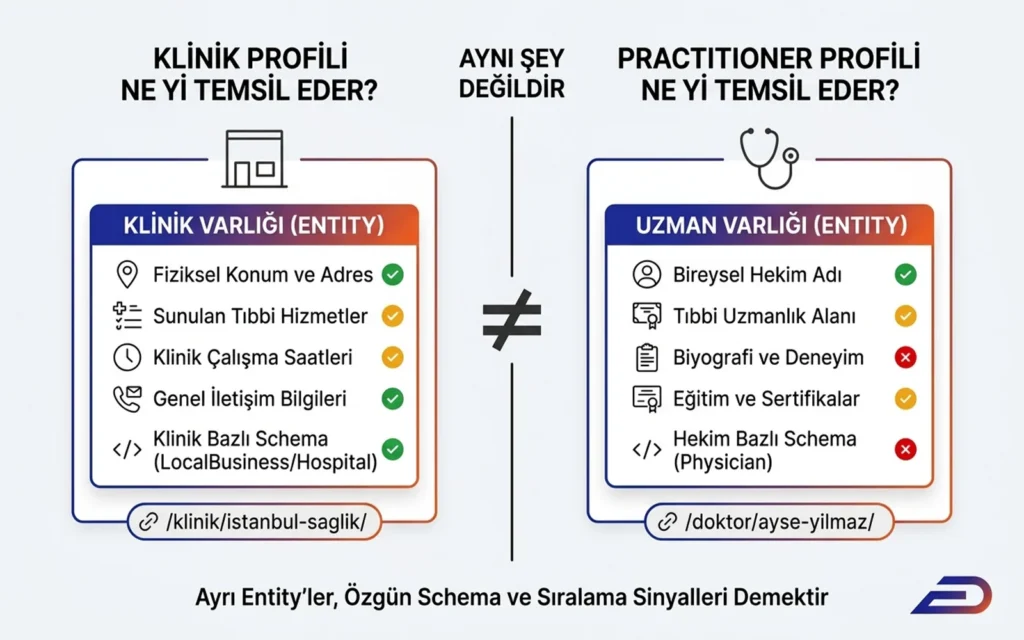 Digitalplus klinik ve uzman (practitioner) GBP profil farkları: Klinik varlığının fiziksel adres ve LocalBusiness/Hospital schema ile; hekim varlığının ise tıbbi uzmanlık, biyografi ve Physician schema ile ayrı entity'ler olarak kurgulanması gerektiğini gösteren yerel SEO karşılaştırması.