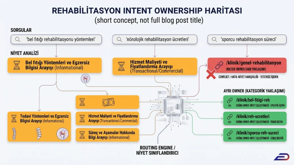 Digitalplus sağlık SEO karar sistemi: Rehabilitasyon sayfaları için Tek Hub ve Ayrı URL modellerinin arama niyeti (intent), hizmet kapsamı, SERP rekabeti ve özgün içerik ihtiyacı kriterlerine göre mimari karşılaştırması.