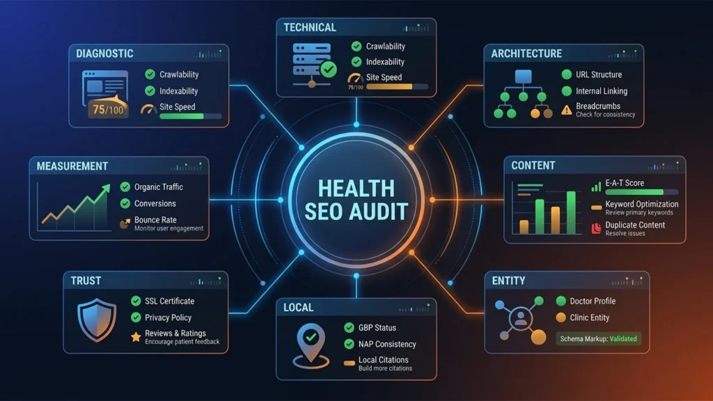 Digitalplus sağlık SEO denetim (audit) kontrol listesi: Tarama ve indeksleme performansından site mimarisine, içerik ve E-A-T skorundan doktor/klinik varlık (entity) yönetimine, yerel SEO (GBP) durumundan güven sinyallerine kadar uzanan 360 derece SEO analiz panosu.