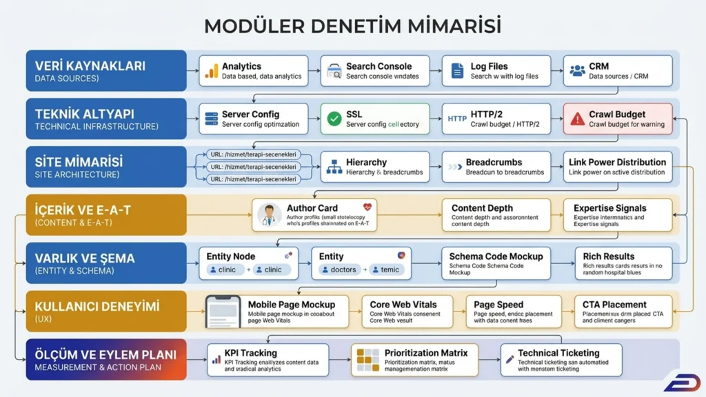 Digitalplus sağlık SEO modüler denetim mimarisi: Veri kaynakları (Analytics, Search Console) analizi ile başlayıp teknik altyapı, site hiyerarşisi, yazar E-A-T sinyalleri, entity (varlık) şema kodlamaları ve Core Web Vitals (UX) üzerinden ölçümleme ve eylem planına giden 7 katmanlı SEO denetim şeması.