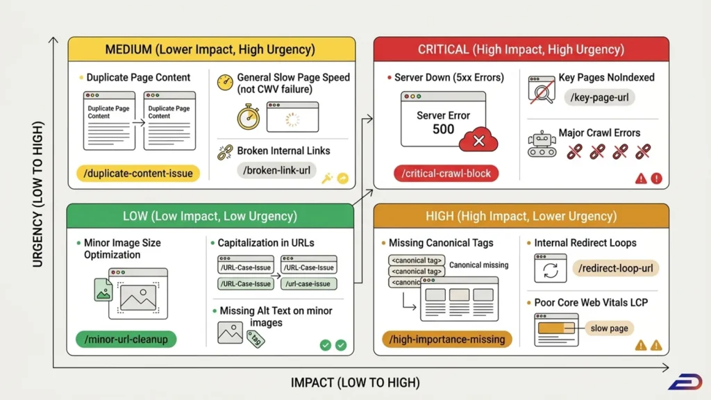 Digitalplus sağlık SEO denetimi önceliklendirme matrisi: Teknik SEO hatalarının etki ve aciliyet eksenine göre analizi. Sunucu hataları gibi kritik sorunlar, canonical eksikliği gibi yüksek öncelikli maddeler, kopya içerik gibi orta seviye hatalar ve görsel boyutu gibi düşük öncelikli düzeltmelerin eylem diyagramı.