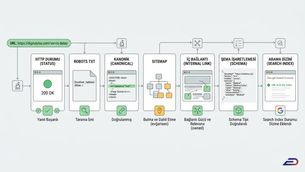 Digitalplus sağlık SEO indeksleme ve schema akışı: Bir URL'nin HTTP 200 başarılı durum kodundan başlayarak; robots.txt tarama izni, canonical doğrulaması, sitemap XML dahil edilme, iç bağlantı gücü ve Medical Entity şema (schema) işaretlemesi aşamalarından geçip Google arama dizinine (search index) başarıyla eklenme sürecini anlatan teknik diyagram.