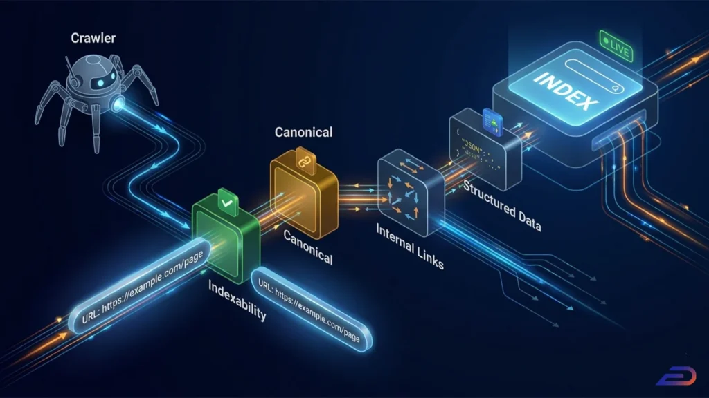 Digitalplus sağlık teknik SEO veri akışı: Arama motoru örümceğinin (crawler) bir URL'yi işlerken geçtiği indexability (dizine eklenebilirlik), canonical onay kapısı, iç bağlantılar (internal links) ve yapılandırılmış veri (structured data) aşamalarını geçerek canlı arama dizinine (index) ulaşmasını görselleştiren 3D izometrik şema.