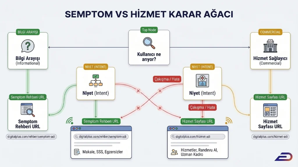 Digitalplus semptom ve hizmet karar ağacı: Kullanıcı niyetinin bilgi arayışı (informational) veya hizmet sağlayıcı (commercial) olmasına göre doğru SEO URL yapısını belirleme ve hatalı çapraz çakışmaları önleme diyagramı.