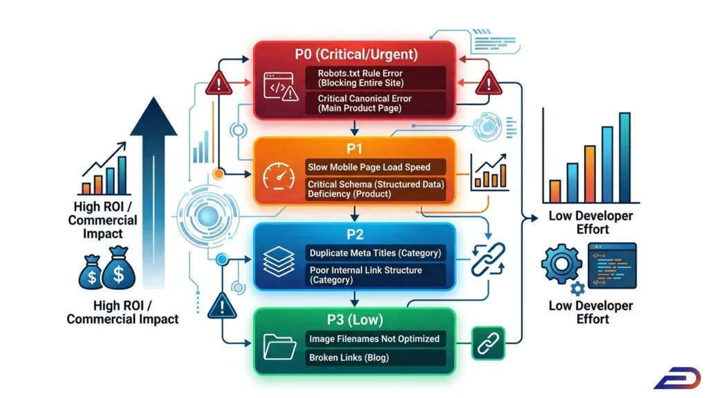 Digitalplus SEO hata önceliklendirme (prioritization) matrisi: Teknik SEO bulgularının yüksek ticari getiri (ROI) ve düşük yazılımcı eforuna göre sınıflandırılması. Kritik (P0) robots.txt hatalarından başlayarak, mobil hız (P1), kopya başlıklar (P2) ve görsel optimizasyonu (P3) gibi görevlerin etki sırasını gösteren aksiyon planı.