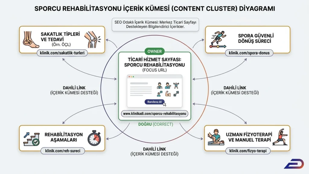 Digitalplus sporcu rehabilitasyonu içerik kümesi (content cluster) diyagramı: Merkez ticari hizmet sayfasını (focus URL) destekleyen sakatlık tipleri, rehabilitasyon aşamaları ve spora dönüş gibi bilgilendirici alt sayfalar arasındaki SEO odaklı dahili linkleme (internal linking) stratejisi.