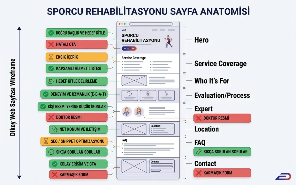 Digitalplus sporcu rehabilitasyonu sayfa anatomisi: Klinik web siteleri için ideal dikey sayfa wireframe kurgusu. Doğru başlık (hero), E-E-A-T uyumlu uzmanlık bölümü, lokasyon, SSS (sıkça sorulan sorular) ve dönüşüm odaklı CTA kullanımı ile sayfa içi SEO optimizasyon rehberi.