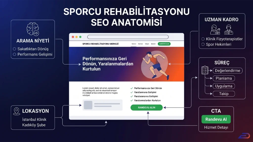 Digitalplus sporcu rehabilitasyonu SEO anatomisi: Doğru arama niyeti (sakatlıktan dönüş), yerel lokasyon sinyalleri, uzman kadro şeffaflığı, tedavi süreci adımları ve net CTA (randevu al) butonlarını barındıran örnek klinik landing page (açılış sayfası) tasarımı.