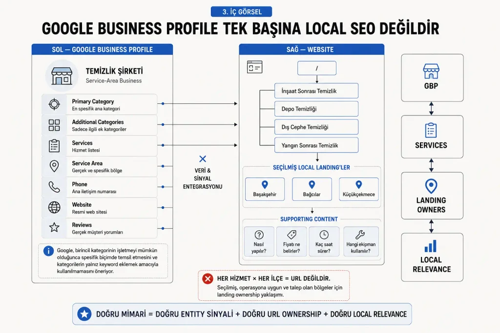 Google Business Profile ile temizlik hizmetleri, lokasyon landing page'leri ve supporting içerikler arasındaki Local SEO mimarisini gösteren diyagram.