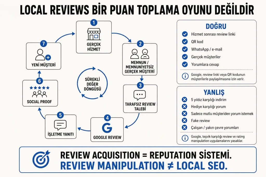 Gerçek hizmet, müşteri yorumu, işletme yanıtı, sosyal kanıt ve yeni müşteri döngüsünü gösteren Local SEO review flywheel diyagramı