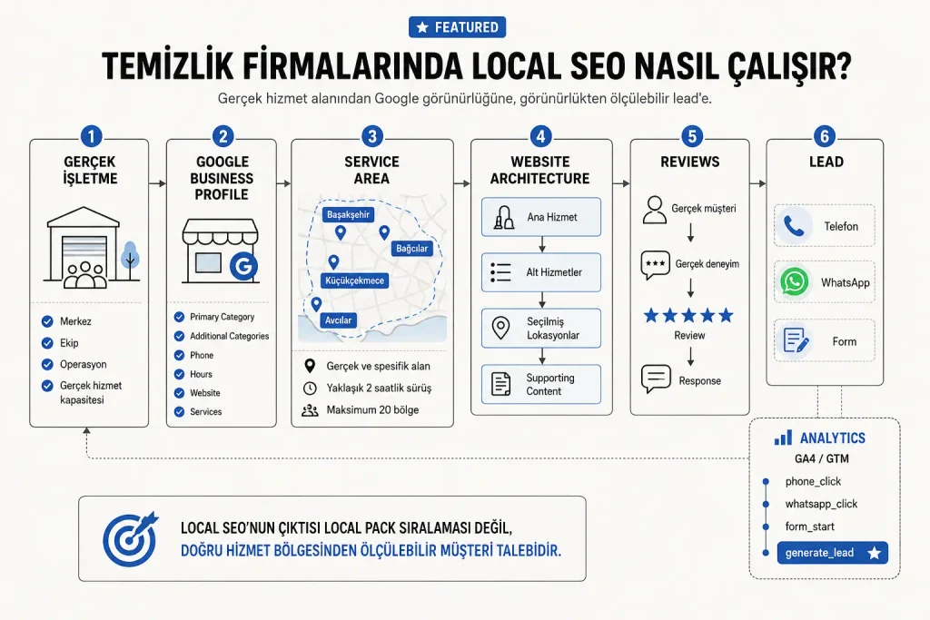 Temizlik firmasının service-area business veya hybrid business olarak Google Business Profile üzerinde nasıl konumlandırılacağını gösteren karar haritası.