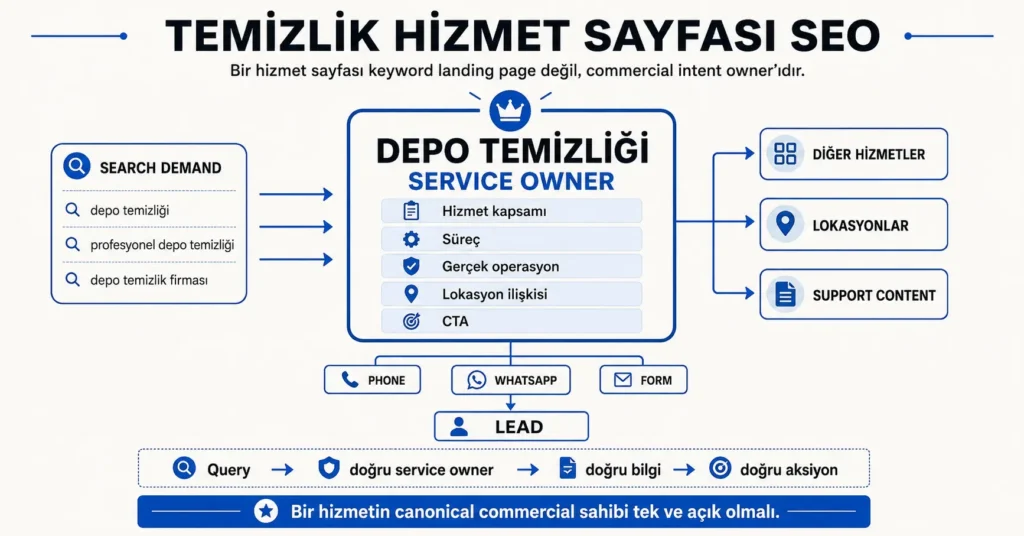 Temizlik hizmet sayfasında arama talebi, hizmet kapsamı, lokasyon, supporting content ve dönüşüm ilişkilerini gösteren SEO mimarisi