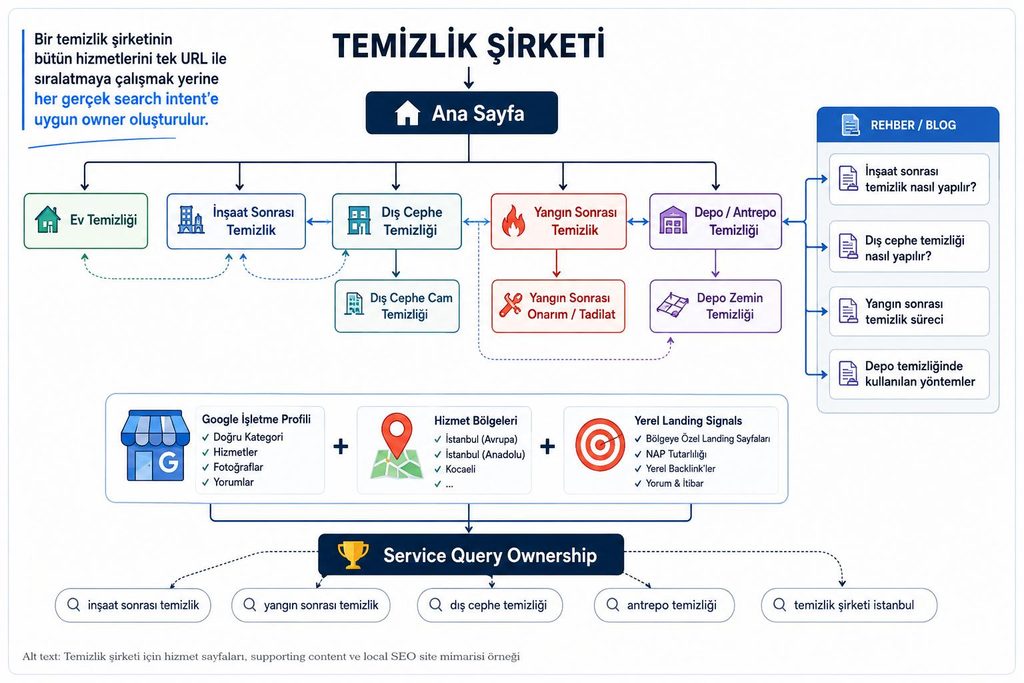 Temizlik şirketi için hizmet sayfaları, supporting content ve local SEO site mimarisi örneği