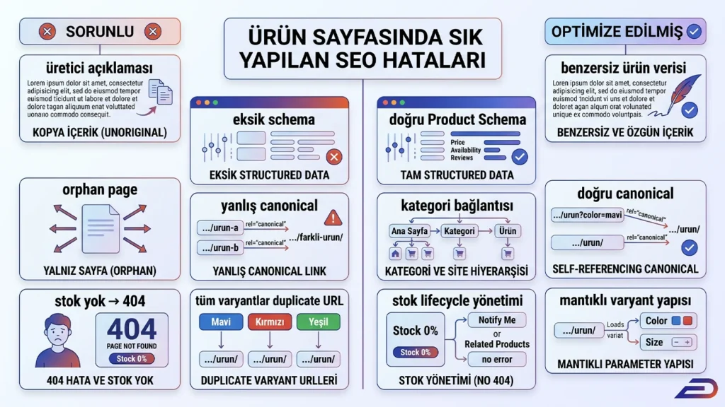 Sorunlu ve SEO açısından doğru yapılandırılmış e-ticaret ürün sayfalarının karşılaştırması 