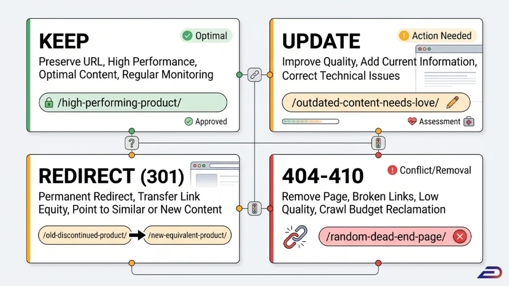 Digitalplus ürün URL yönetim matrisi: SEO performansını maksimize etmek için URL'i koruma (Keep), güncelleyerek iyileştirme (Update), otoriteyi aktarmak için 301 yönlendirmesi yapma (Redirect) ve tarama bütçesini korumak adına kalitesiz sayfaları kaldırma (404-410) döngüsünü anlatan diyagram.