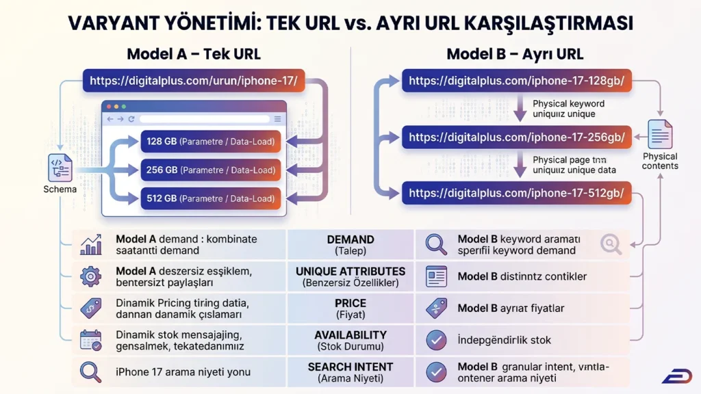Digitalplus ürün varyantı QDP matrisi: Tişört bedeni, renk, depolama kapasitesi ve farklı model kodlarına göre arama talebi ve kullanıcı niyetini değerlendirerek doğru URL yapısını belirleme karar ağacı.