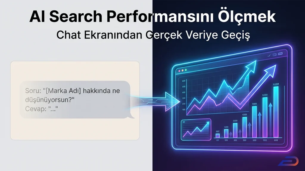 Digital Plus AI Search performans ölçümü kapak görseli: Sol taraftaki yapay zeka sohbet ekranı sorgusundan, sağ taraftaki yükselen neon performans grafiklerine doğru uzanan ve sohbetten gerçek veriye geçişi simgeleyen illüstrasyon.