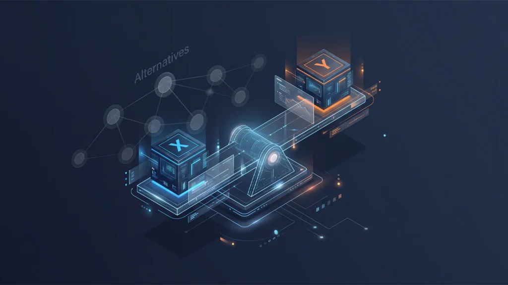 Digital Plus B2B SEO stratejisi: X ve Y ürünlerinin dijital bir terazi üzerinde dengelenerek karşılaştırıldığı ve diğer alternatiflerin ağ yapısıyla (network) gösterildiği izometrik illüstrasyon.