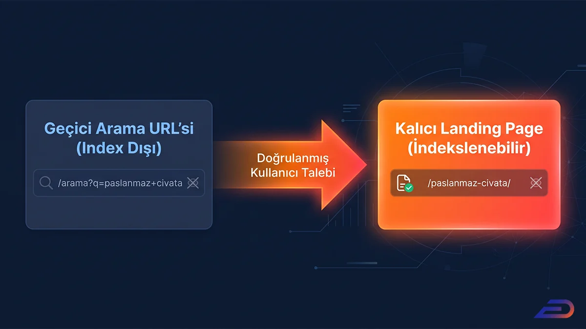 Digital Plus arama sorgusu kategori dönüşüm şeması: Doğrulanmış kullanıcı talebi doğrultusunda, indeks dışı olan geçici parametreli arama URL'sinin, arama motorları için optimize edilmiş ve indekslenebilir kalıcı bir açılış sayfasına (landing page) dönüştürülme sürecini gösteren akış.