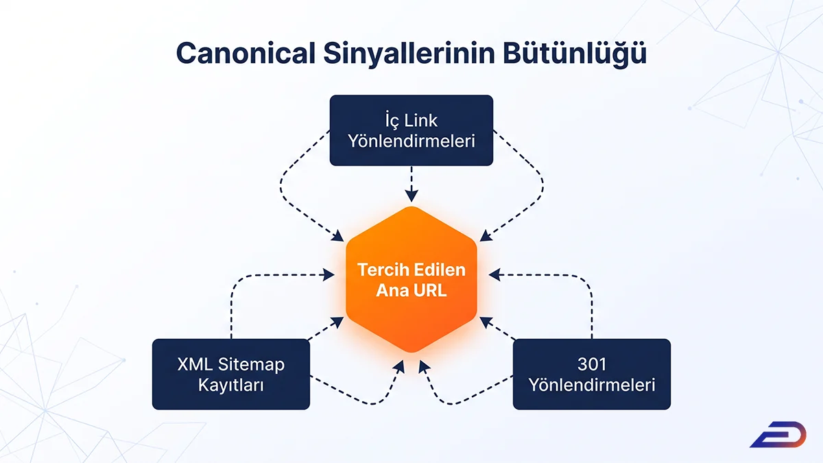 Digital Plus canonical sinyallerinin bütünlüğü şeması: İç link yönlendirmeleri, XML sitemap kayıtları ve 301 yönlendirmelerinin merkezdeki 'Tercih Edilen Ana URL'yi nasıl desteklediğini ve beslediğini gösteren SEO mimarisi diyagramı.