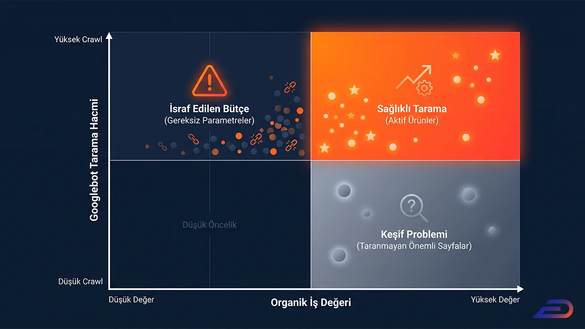 Digital Plus SEO tarama analizi: Googlebot tarama hacmi ile organik iş değerini karşılaştıran matris grafiği; yüksek değerli 'Sağlıklı Tarama' (aktif ürünler) alanı ile düşük değerli 'İsraf Edilen Bütçe' (gereksiz parametreler) çeyreklerini vurgulayan tablo.