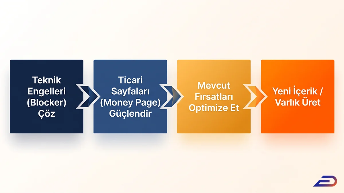 Digital Plus düşük bütçe öncelik sırası: SEO çalışmalarında ilk adım olarak teknik engelleri (blocker) çözmeyi, ardından sırasıyla ticari sayfaları güçlendirmeyi, mevcut fırsatları optimize etmeyi ve son olarak yeni içerik/varlık üretmeyi hedefleyen dört aşamalı akış diyagramı.