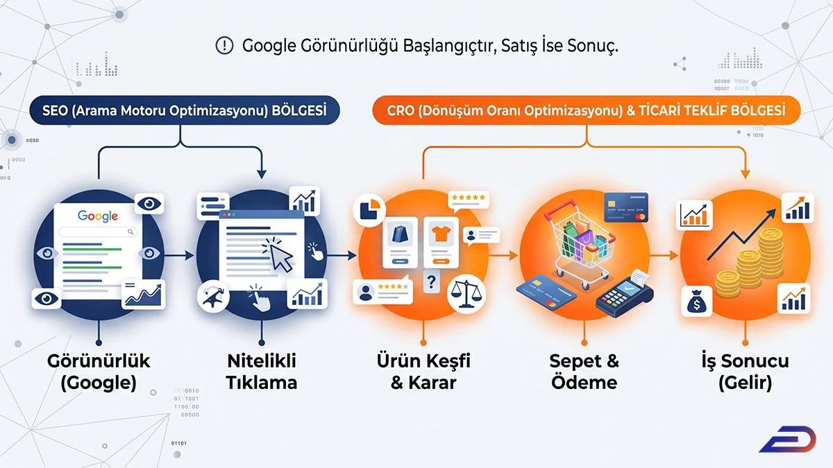 Digital Plus e-ticaret satış yolculuğu zinciri: SEO bölgesinde Google görünürlüğü ve nitelikli tıklama ile başlayan sürecin, CRO ve ticari teklif bölgesine geçerek ürün keşfi, sepet, ödeme ve nihai iş sonucu olan gelire ulaşmasını adım adım gösteren akış şeması.