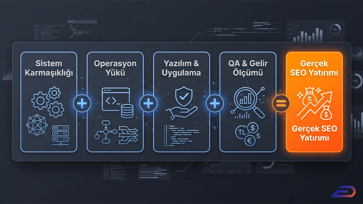 Digital Plus gerçek SEO yatırımı denklemi: Sistem karmaşıklığı, operasyon yükü, yazılım & uygulama ve QA & gelir ölçümü faktörlerinin toplanarak nihai turuncu renkli 'Gerçek SEO Yatırımı' blokunu oluşturduğunu gösteren formül şeması.