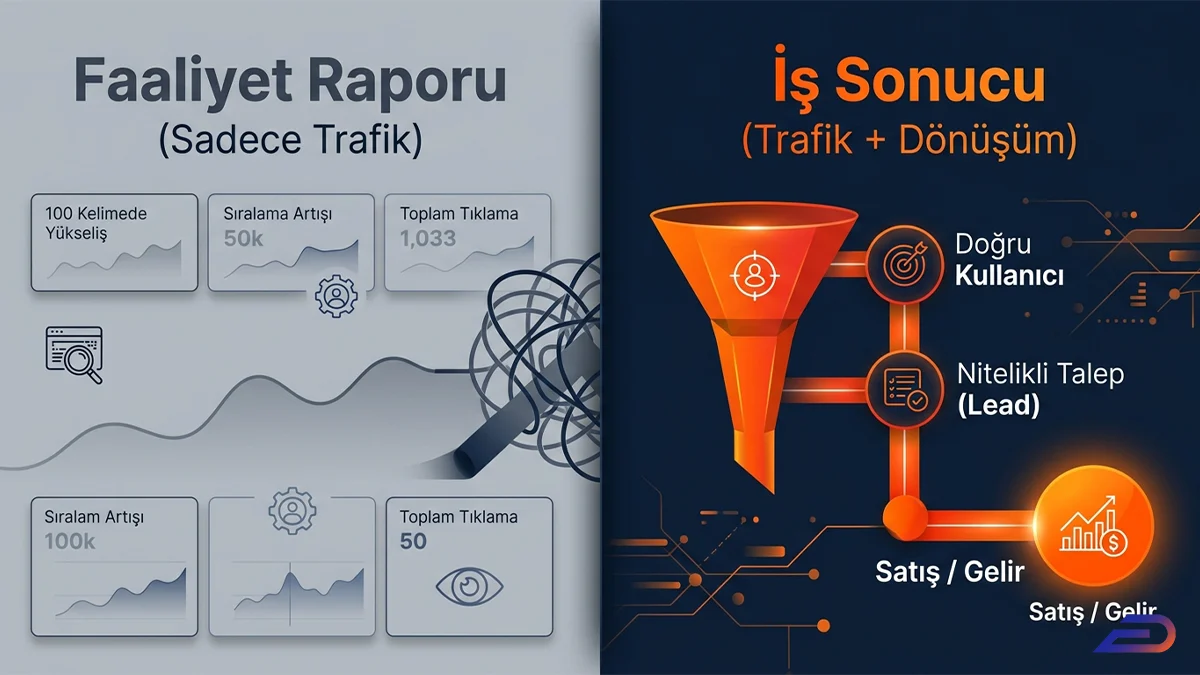 Digital Plus faaliyet ve iş sonucu karşılaştırması: Sadece trafik metriklerine odaklanan karmaşık faaliyet raporu ile trafiğin sırasıyla doğru kullanıcı, nitelikli lead ve nihai satışa dönüştüğü iş sonucu (Trafik + Dönüşüm) hunisini kıyaslayan şema.