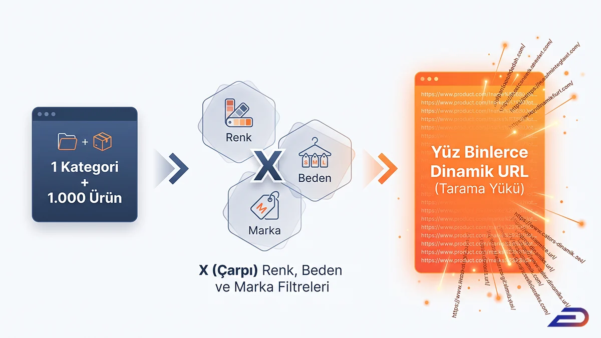 Digital Plus e-ticarette filtre ve URL çoğalma karmaşası: 1 kategori ve 1.000 ürünlük standart bir yapının; renk, beden ve marka filtreleriyle çarpılarak yüz binlerce dinamik URL'ye ve ağır bir arama motoru tarama yüküne nasıl dönüştüğünü anlatan veri akış grafiği.