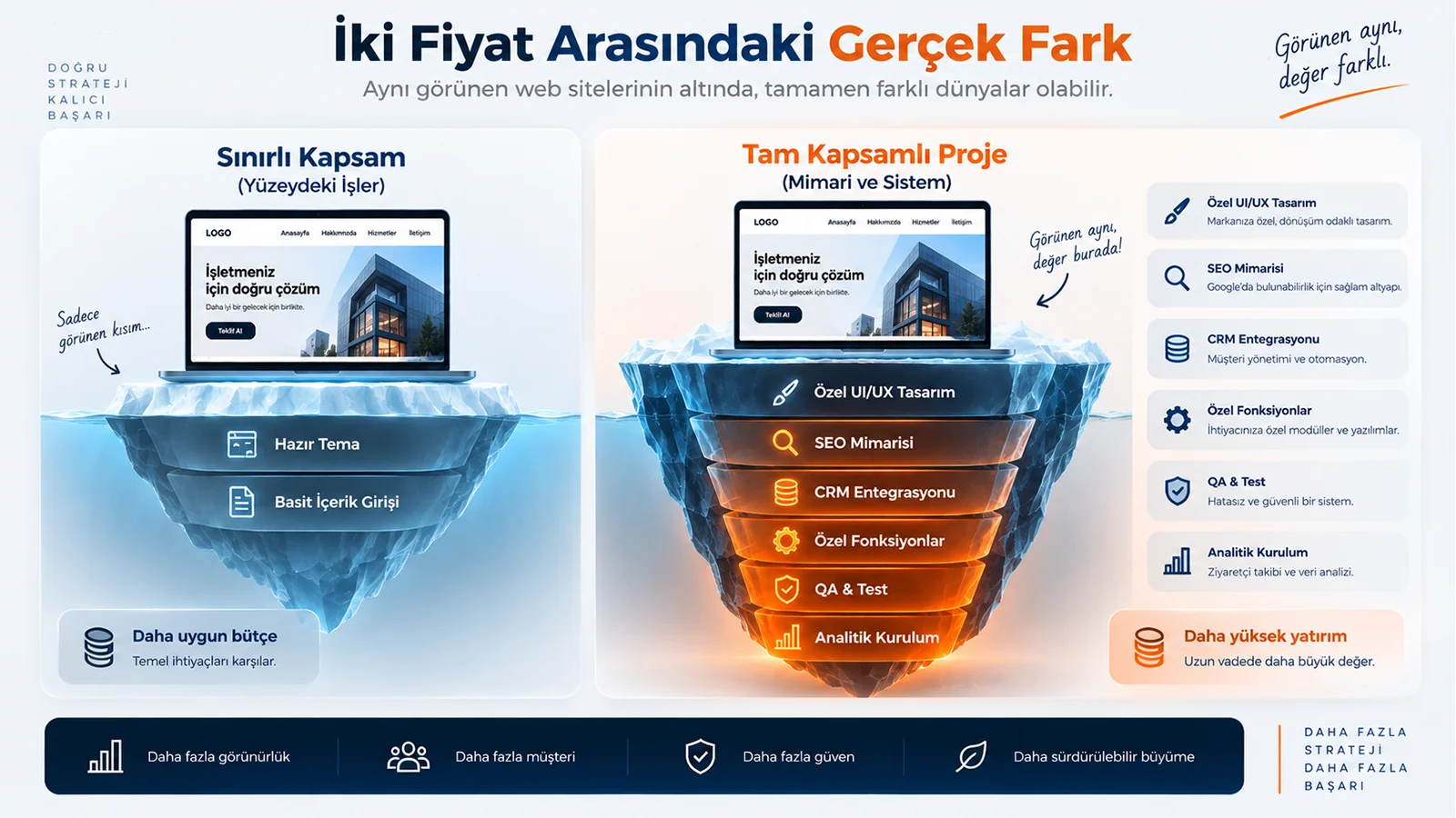 Digital Plus iki fiyat arasındaki gerçek fark analizi: Web tasarımında sadece yüzeyde görünen sınırlı kapsamı (hazır tema ve basit içerik) küçük bir buzdağı ucuyla gösterirken; alt yapıda yer alan tam kapsamlı projeyi (özel UI/UX, SEO mimarisi, CRM entegrasyonu, özel fonksiyonlar, QA ve analitik) devasa bir buzdağı gövdesiyle karşılaştıran görsel.